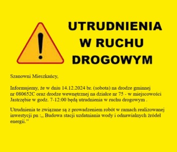 Utrudnienia na drodze w m. Jastrzębie w dniu 14 grudnia 2024r.