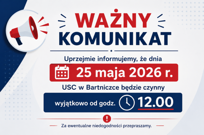 Zmiana godz. pracy USC dn. 25.05.2026r.